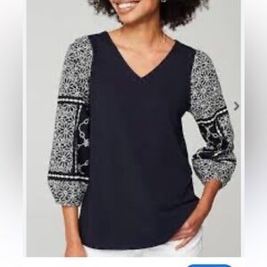 J. Jill Medium Navy & White Mixed-media Embroidered-sleeve Top NWOT
